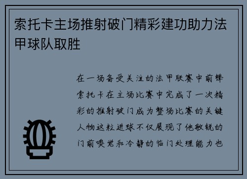索托卡主场推射破门精彩建功助力法甲球队取胜
